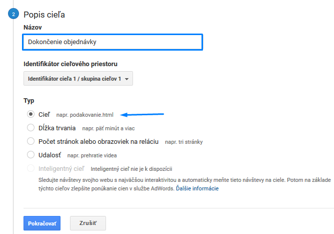 Popis cíle v Google Analytics