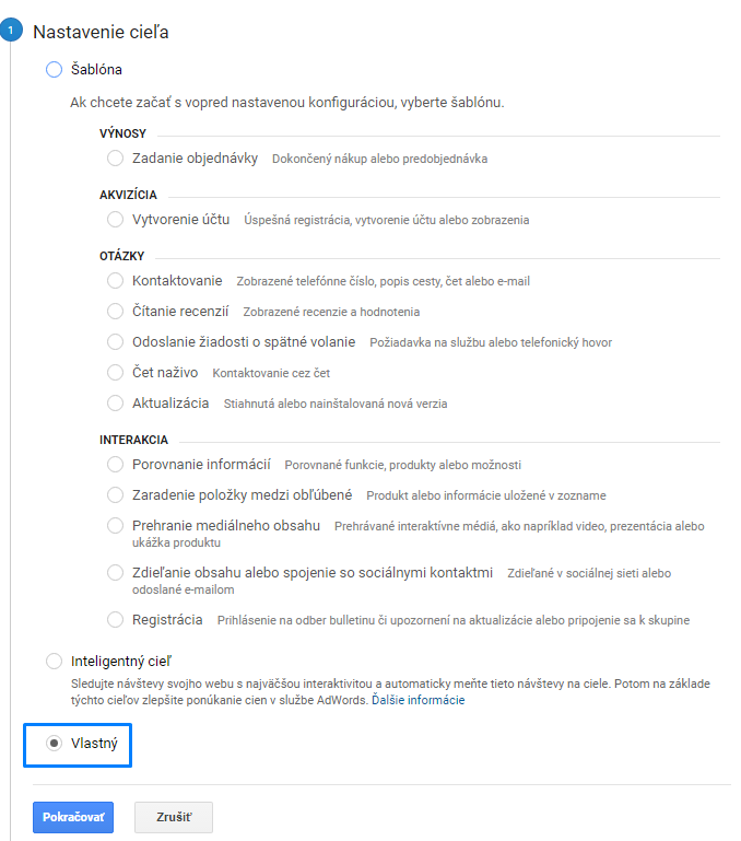 Vlastní cíl Google Analytics
