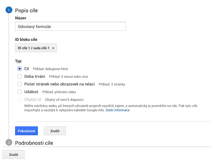 nastavení cíle pro odeslaný formulář