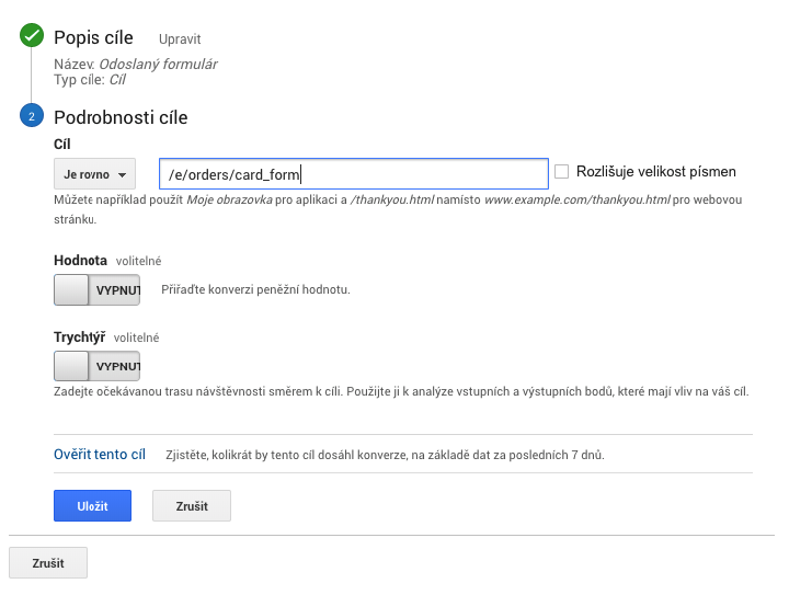 nastavení měření cíle odeslaný formulář