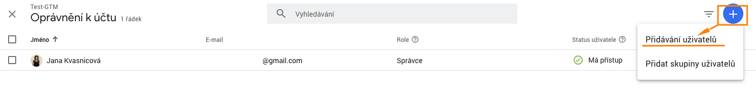 GTM přidání uživatele