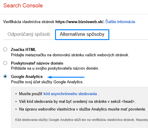 verifikácia vlastníctva v search console