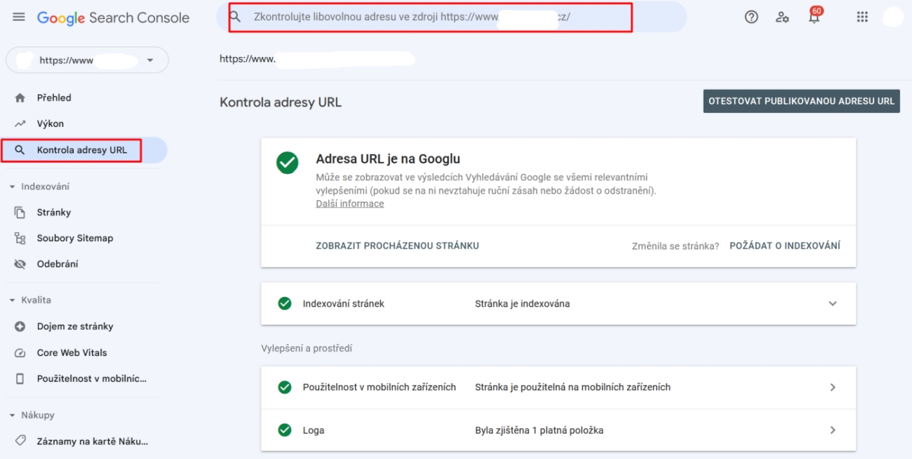 Kontrola adresy URL v Google Search Console