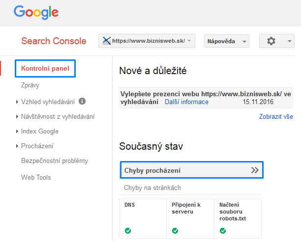 kontrolní panel google search console