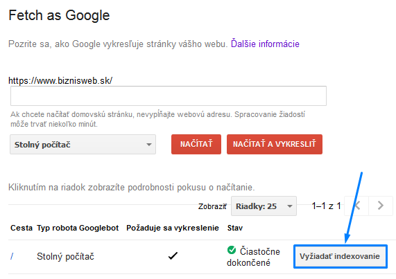 vyžádání indexování upravené stránky