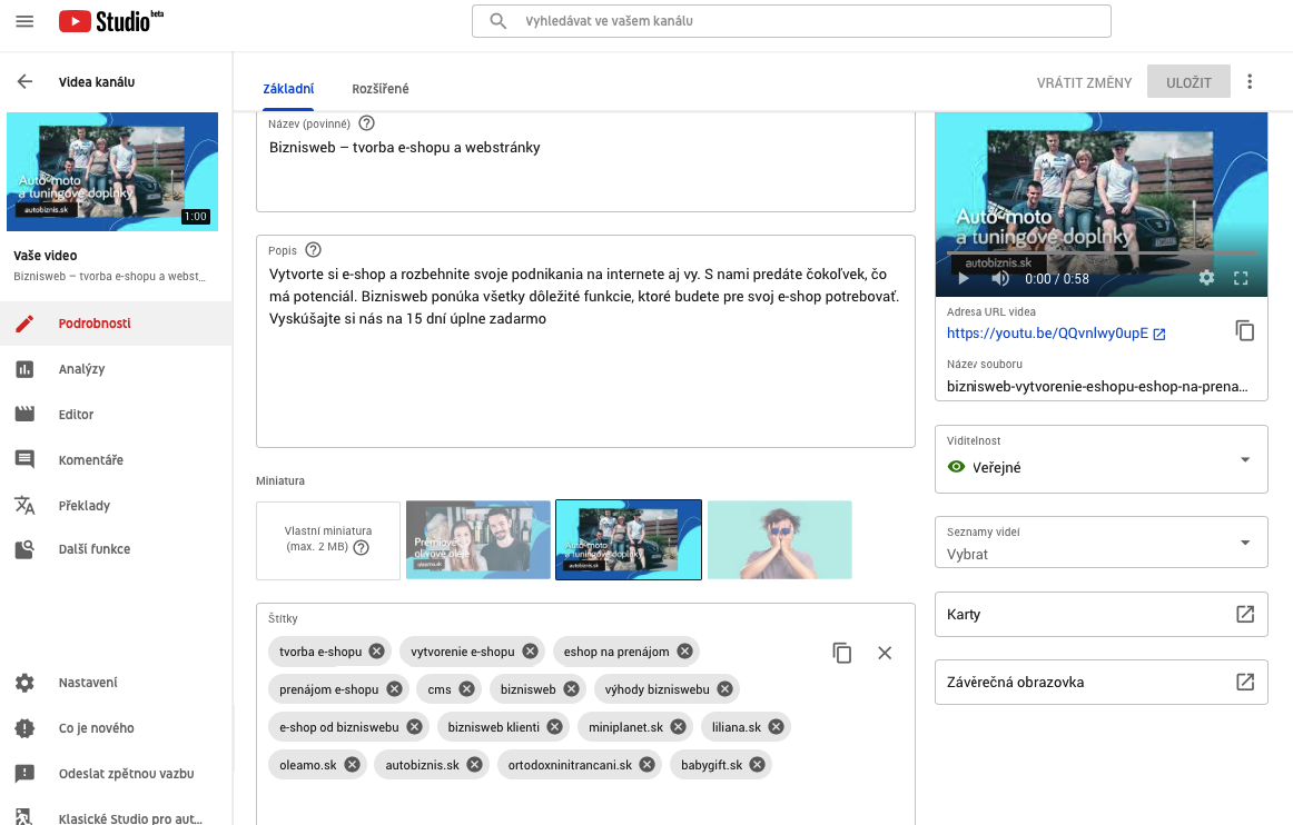 úprava názvu a popisu, přidání štítků k youtube videu