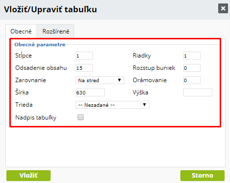 parametry tabulky pro obsah - vlastni sablona automatickych emailu FLOX