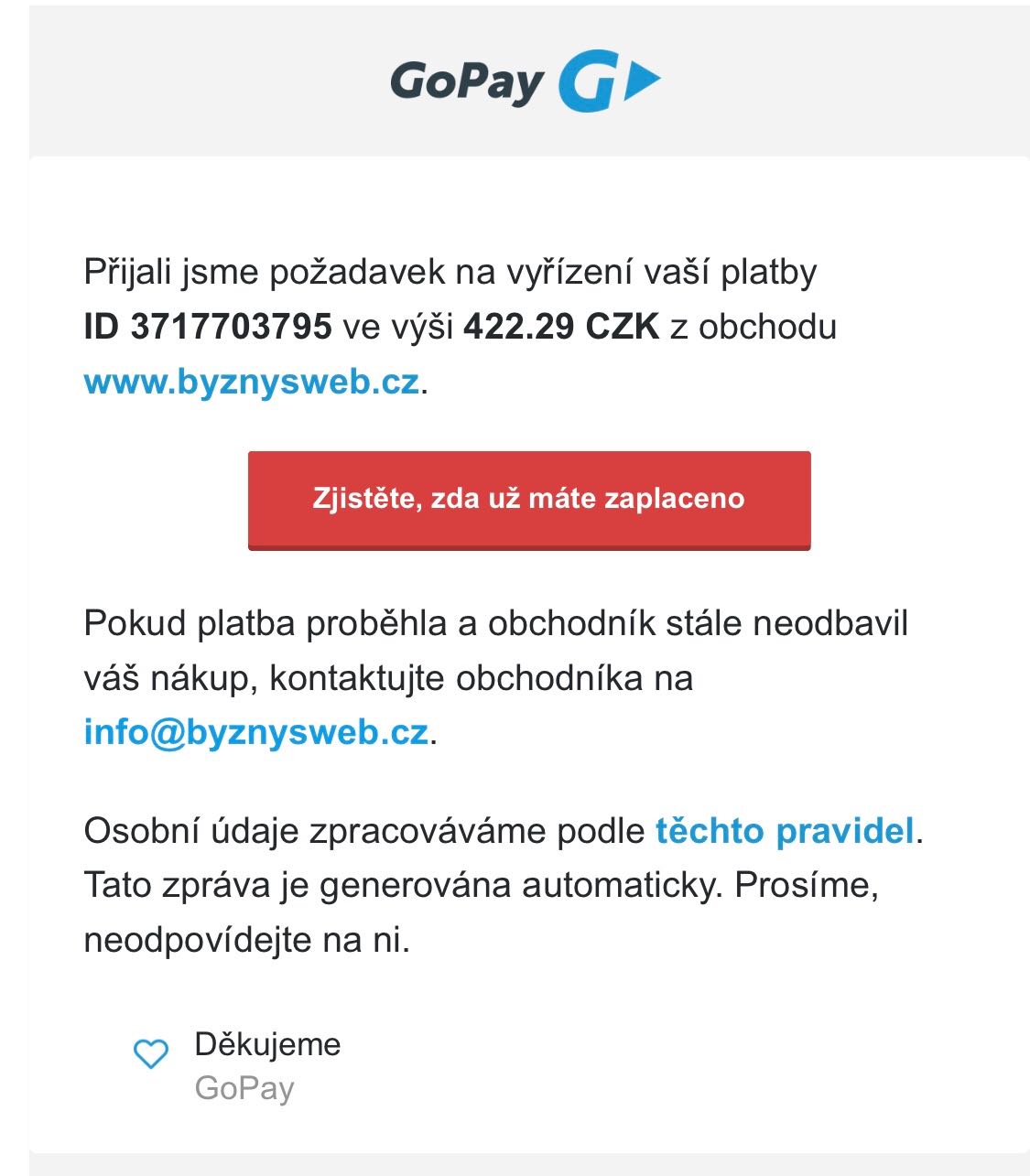 zrušení inkasní platby za ByznysWeb kartou přes GoPay