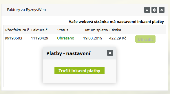 zrušení inkasních plateb za ByznysWeb