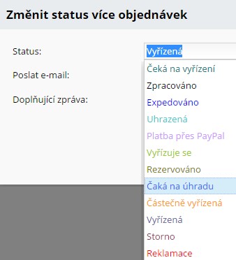 hromadné změna statusu objednávek