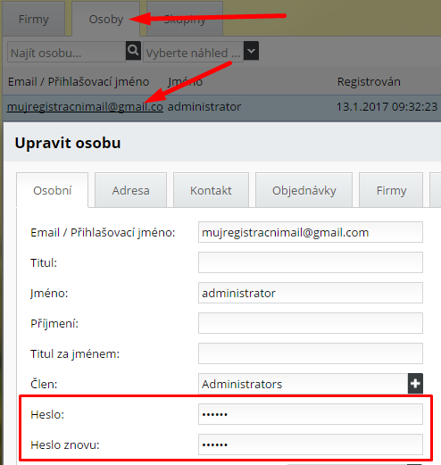 změna hesla do administrace web stránky