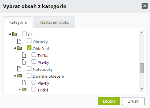 Výběr obsahu z kategorií produktů