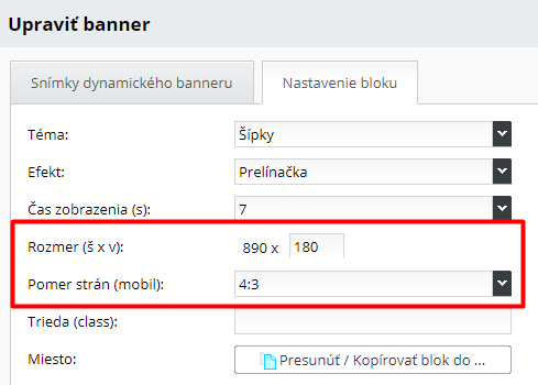 Nastavení rozměrů bloku Dynamický banner - ByznysWeb