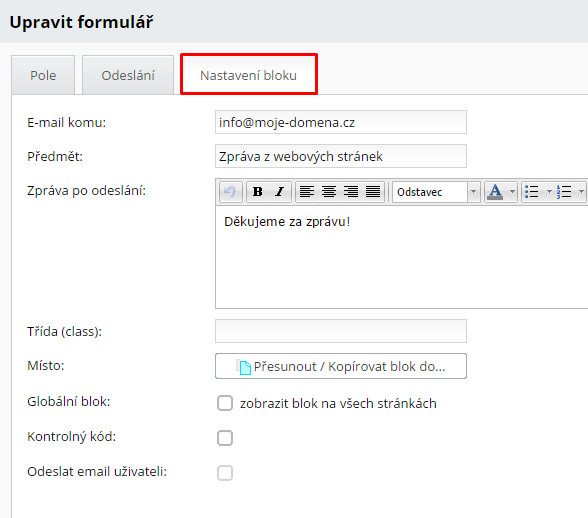 nastavení bloku formulář