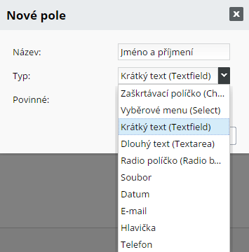 druhy políček formuláře