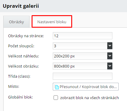 Nastavení vlastností galerie