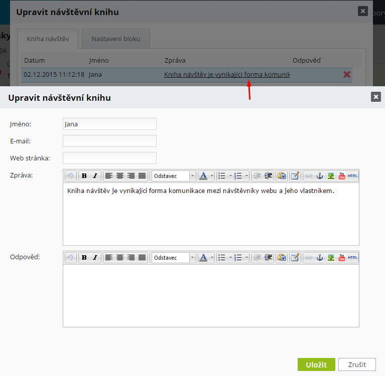 úprava příspěvků v knize návštěv