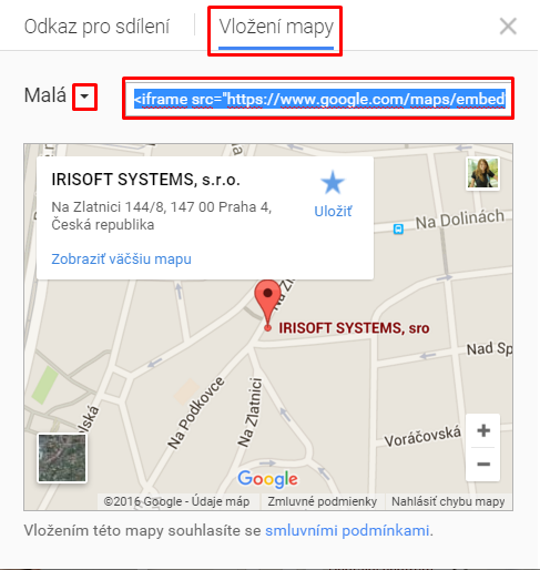 vložení mapy google přes HTML kód