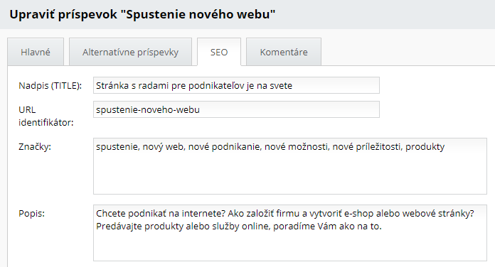 SEO záložka v bloku novinky