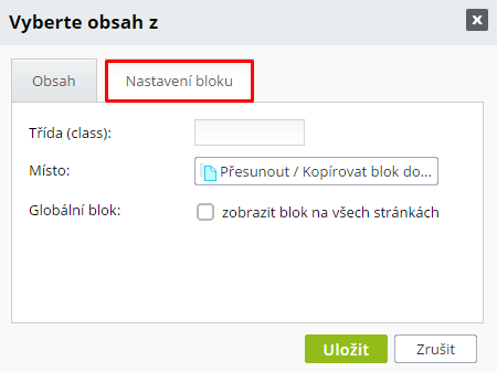 Nastavení bloku Zobrazit obsah z...