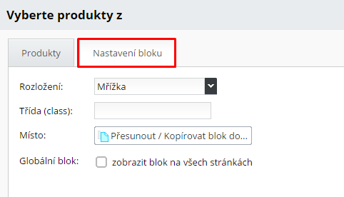 Produkty z nastavení bloku