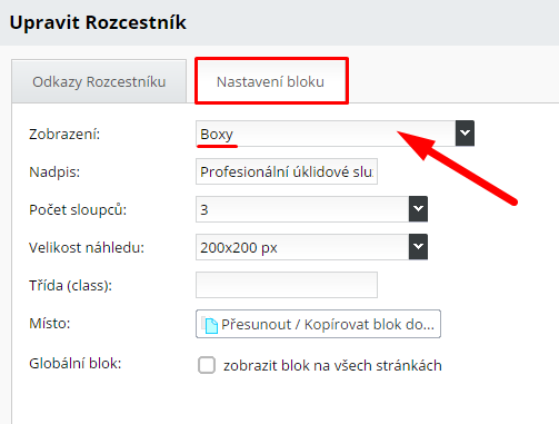 Nastavení rozcestníku boxy