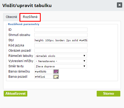 Rozšířené vlastnosti tabulky