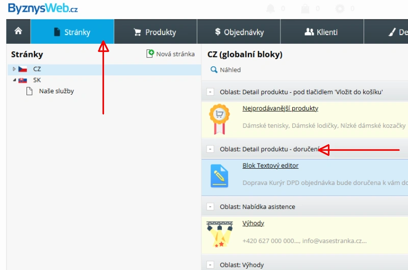 textový obsah v oblasti Detail produktu - Doručení