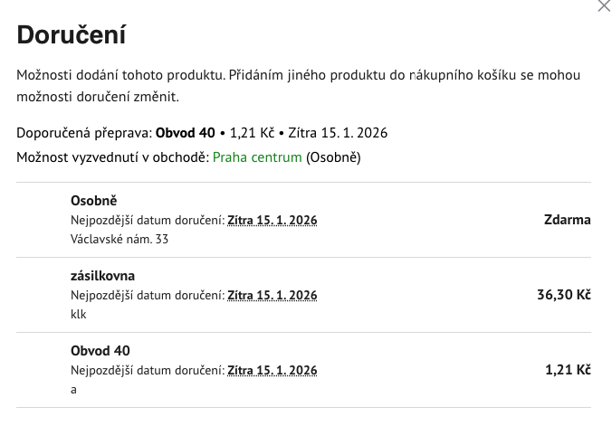 vyskakovací okno s možnostmi dopravy