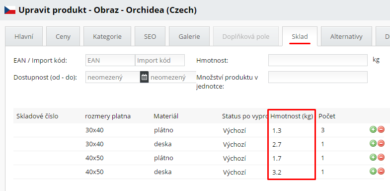 hmotnost variant produktů