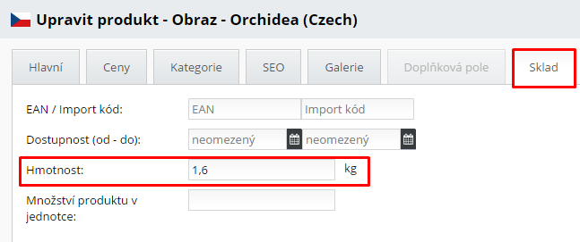 hmotnost produktu bez skladu