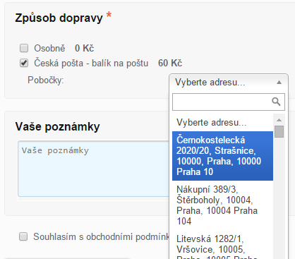 možnosti dopravy v objednávkovém formuláři