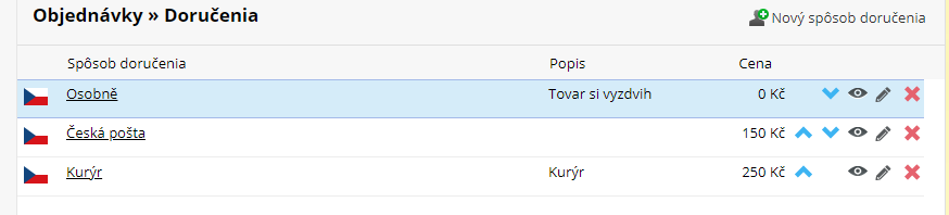 Seznam způsobů doručení v administraci - ByznysWeb