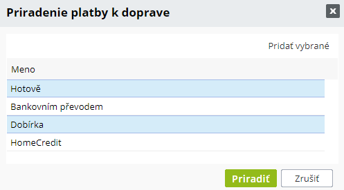 Priřazení nových plateb ke způsobu dopravy