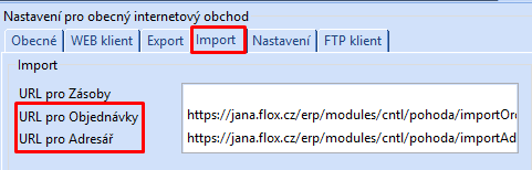 URL pro import dat do Pohody
