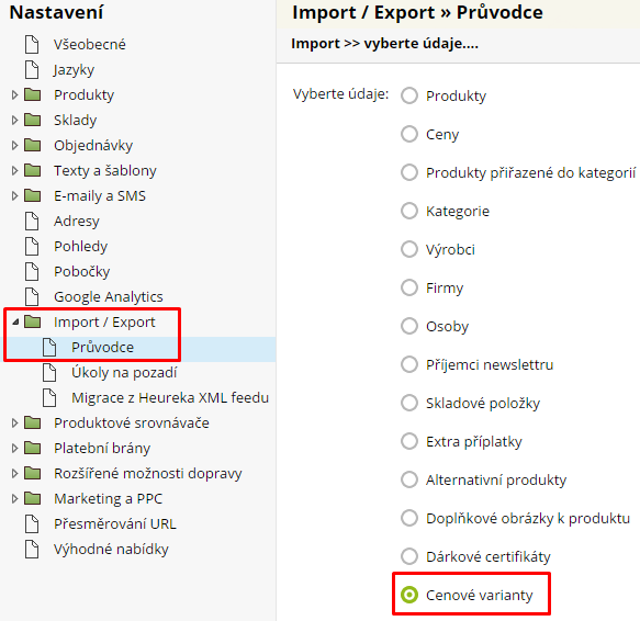 import cenové varianty