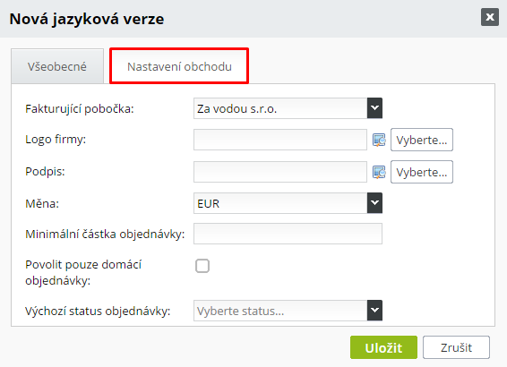 nastavení obchodu v jazykové verzi
