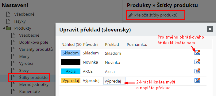 Preklad indikátorů do jazykové verze eshopu