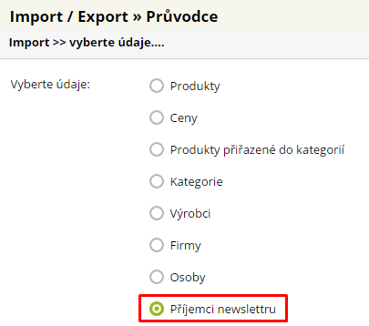 import e-mailů na odběr newsletteru