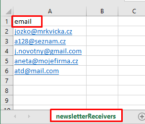 import odběratelů novinek emailem - příklad