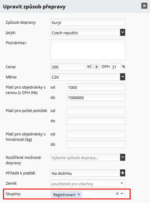 přiřazení dopravy pro skupinu uživatelů