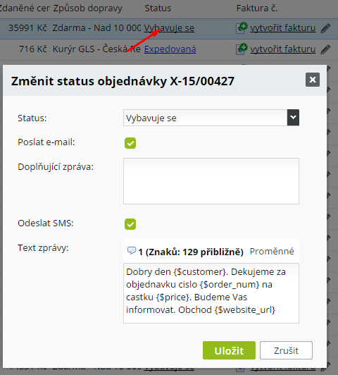 změna statusu objednávky a SMS zpráva