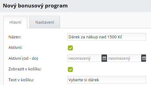 hlavní nastavení bonusového programu