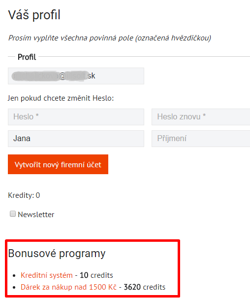 profil registrovaného uživatele a zobrazení kreditů