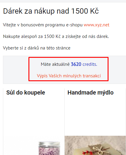 výpis kreditů na stránce bonusového programu