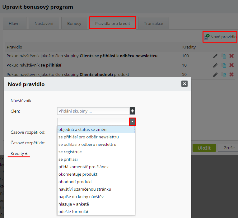 pravidla pro získání kreditu