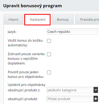 nastavení bonusového programu