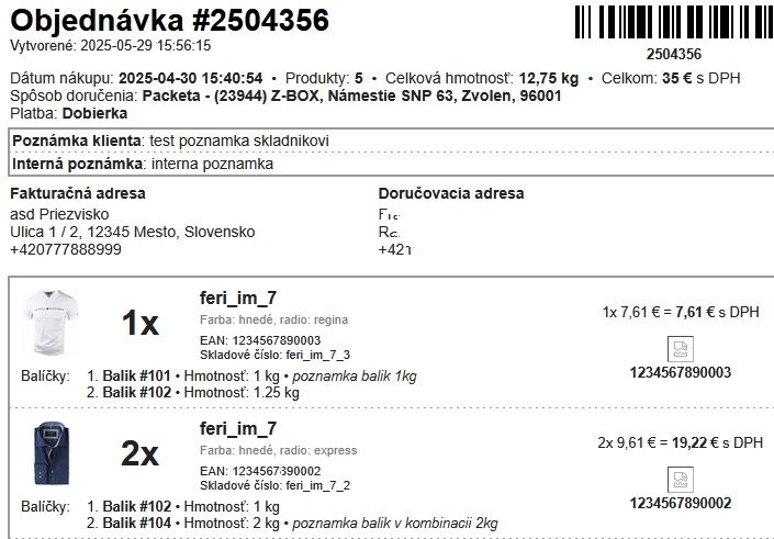 Vyskladňovací list - ukázka v e-shop řešení od ByznysWeb.cz