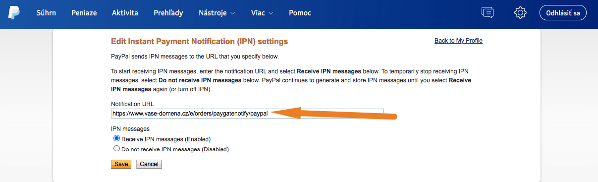 cz doména IPN nastavení PayPal