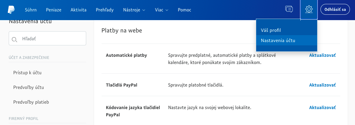 PayPal nastavení plateb z e-shopu